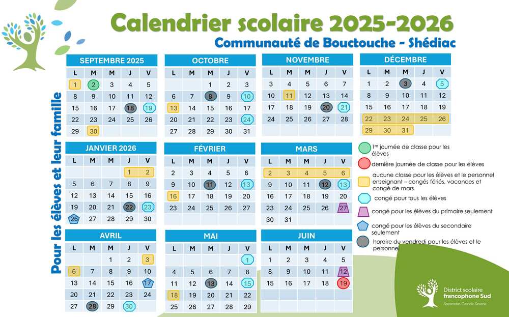 Calendriers scolaires 2025 2026 Bouctouche Shédiac